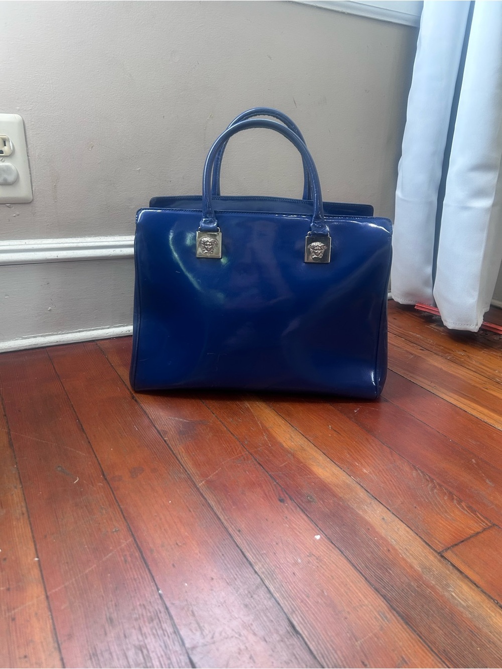 Versace Blue & Silver Patent Leather Tote Bag